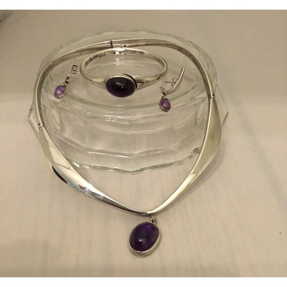 Vintage Sigi Pineda Mexican Sterling Amethyst Necklace/Bracelet Set + Earrings
